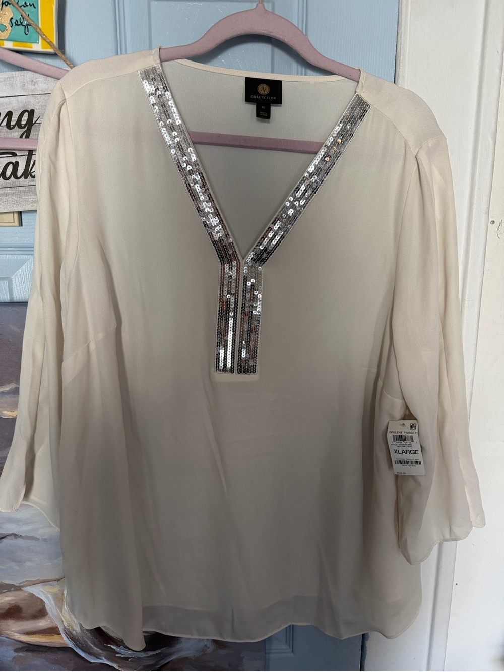JM Collection Ivory Blouse with Silver Sequin V-Neck